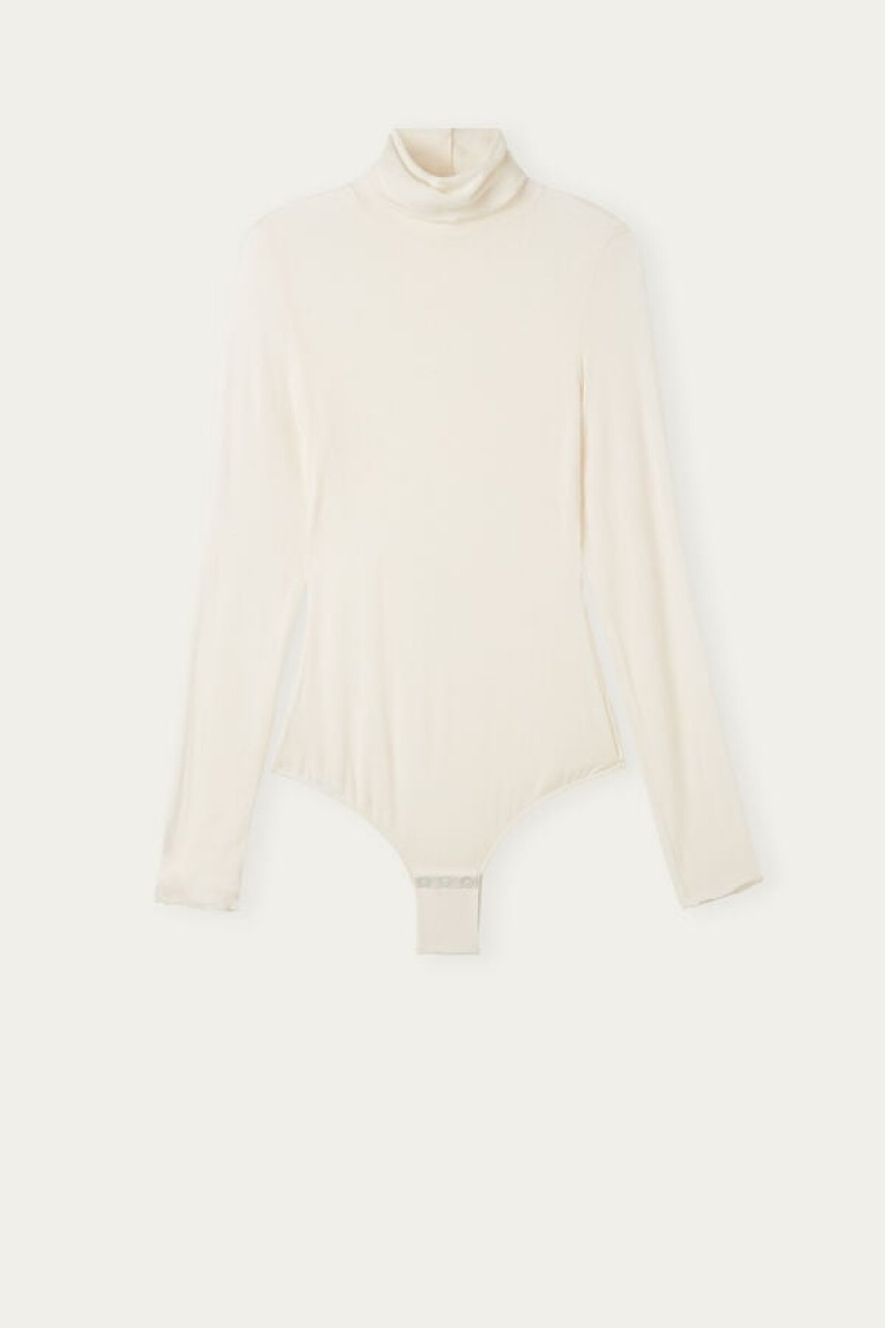 Intimissimi High Collar Bodysuit In Modal Ultralight With Cashmere Bijele | SN-ITMSM58158