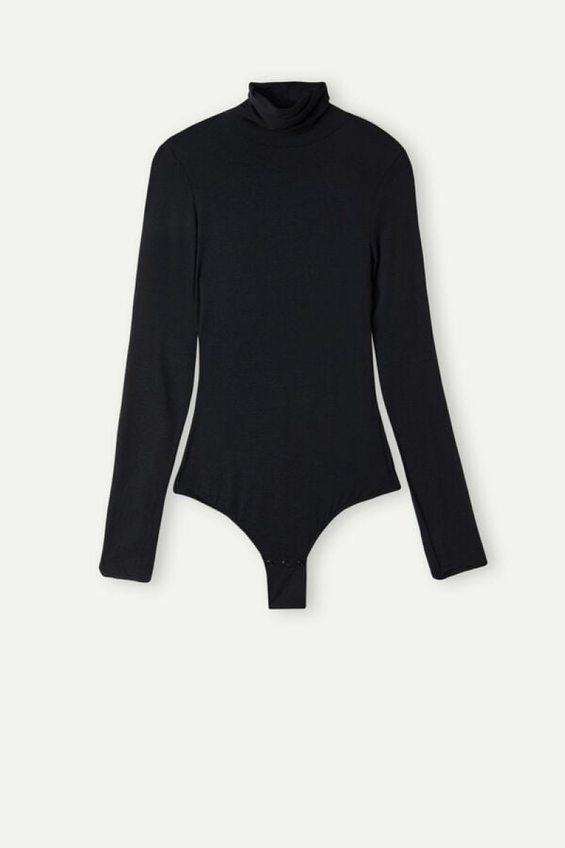 Intimissimi High Collar Bodysuit In Modal Ultralight With Cashmere Crne | SN-ITMSM58159