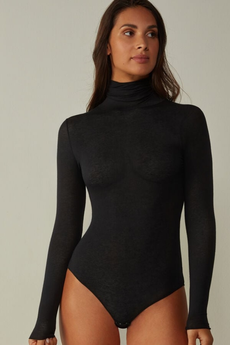 Intimissimi High Collar Bodysuit In Modal Ultralight With Cashmere Crne | SN-ITMSM58159