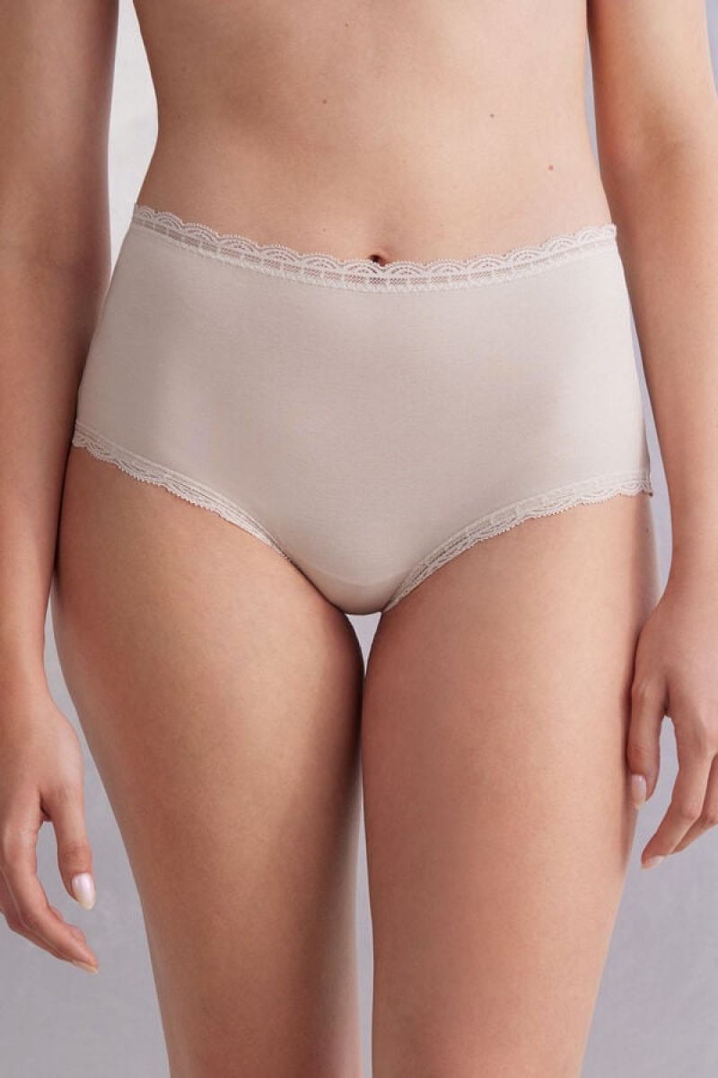 Intimissimi High Rise Cotton And Lace Hipsters Bež | SN-ITMSM57688