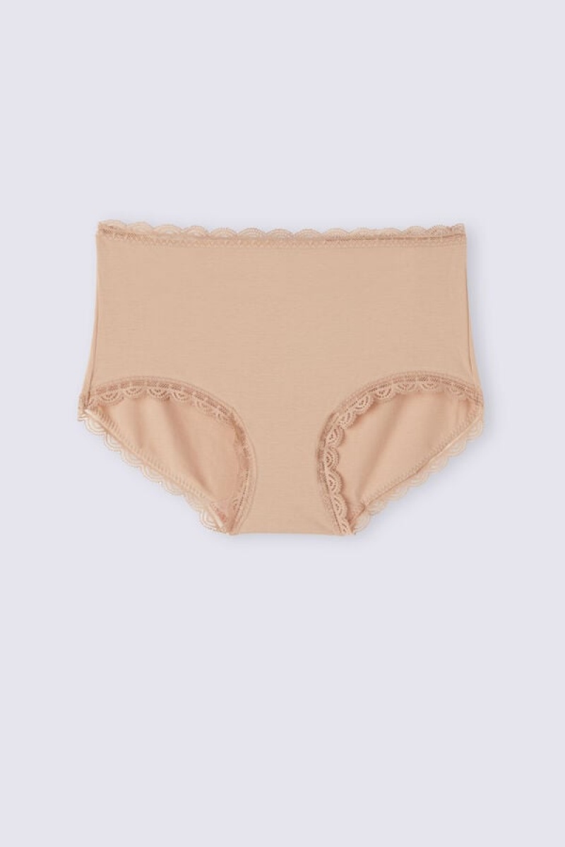 Intimissimi High Rise Cotton And Lace Hipsters Bež | SN-ITMSM57689