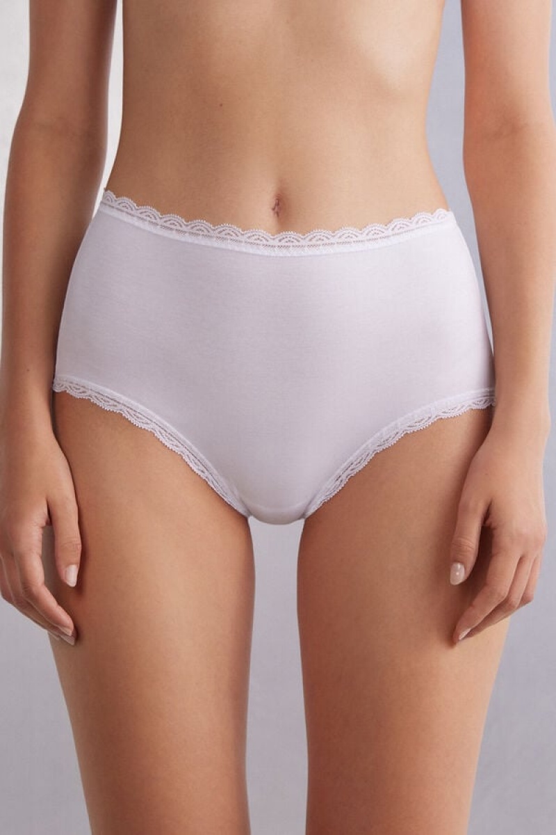 Intimissimi High Rise Cotton And Lace Hipsters Bijele | SN-ITMSM57692