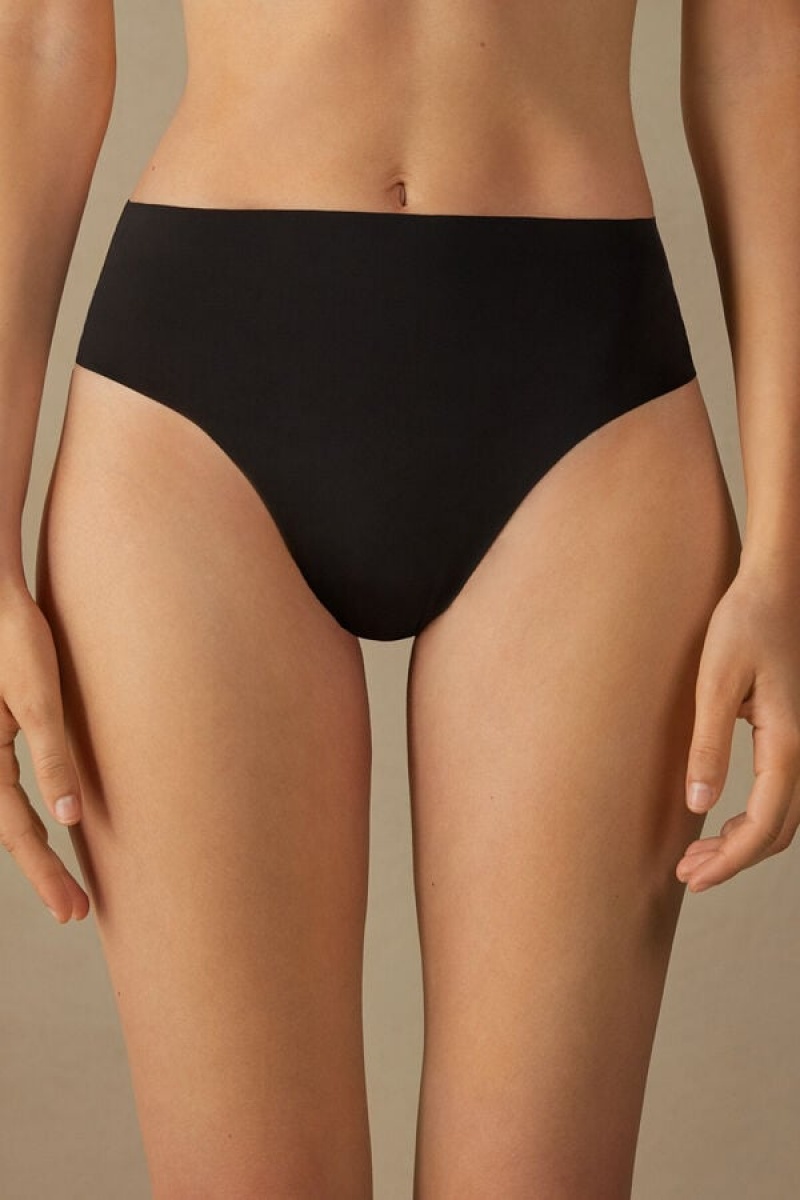 Intimissimi High Waist Thong In Seamless Ultralight Microfiber Crne | SN-ITMSM57721