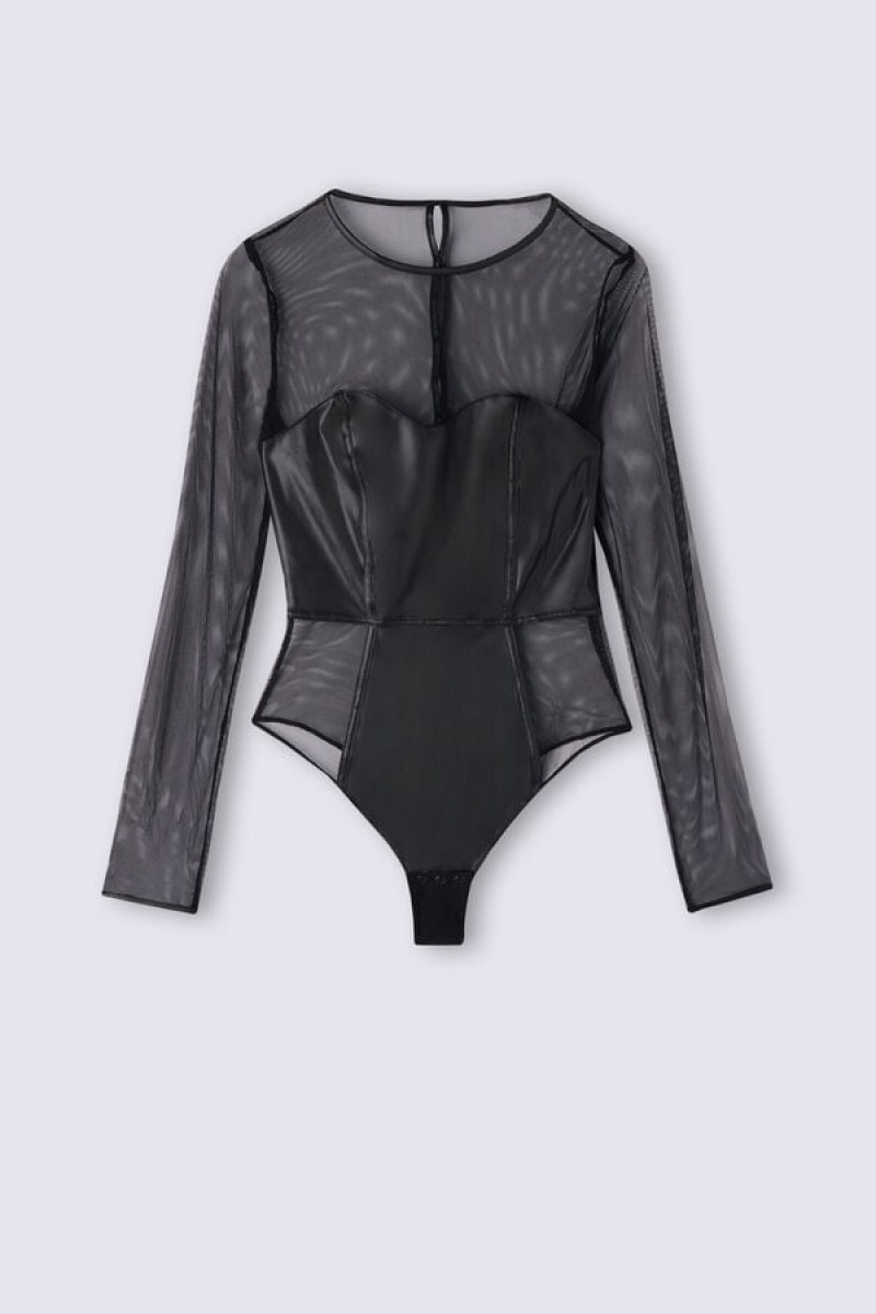 Intimissimi Iconic Beauty Long Sleeve Mesh Bodysuit Crne | SN-ITMSM58166