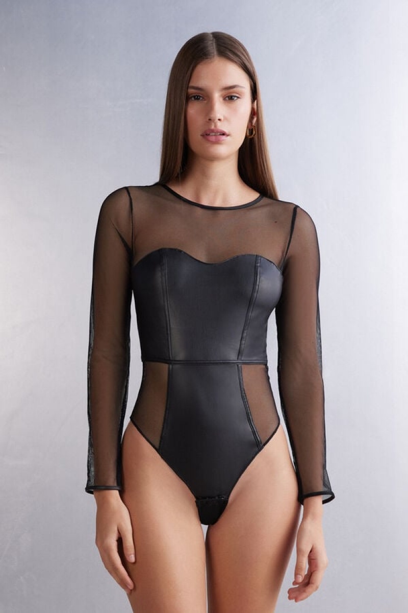 Intimissimi Iconic Beauty Long Sleeve Mesh Bodysuit Crne | SN-ITMSM58166