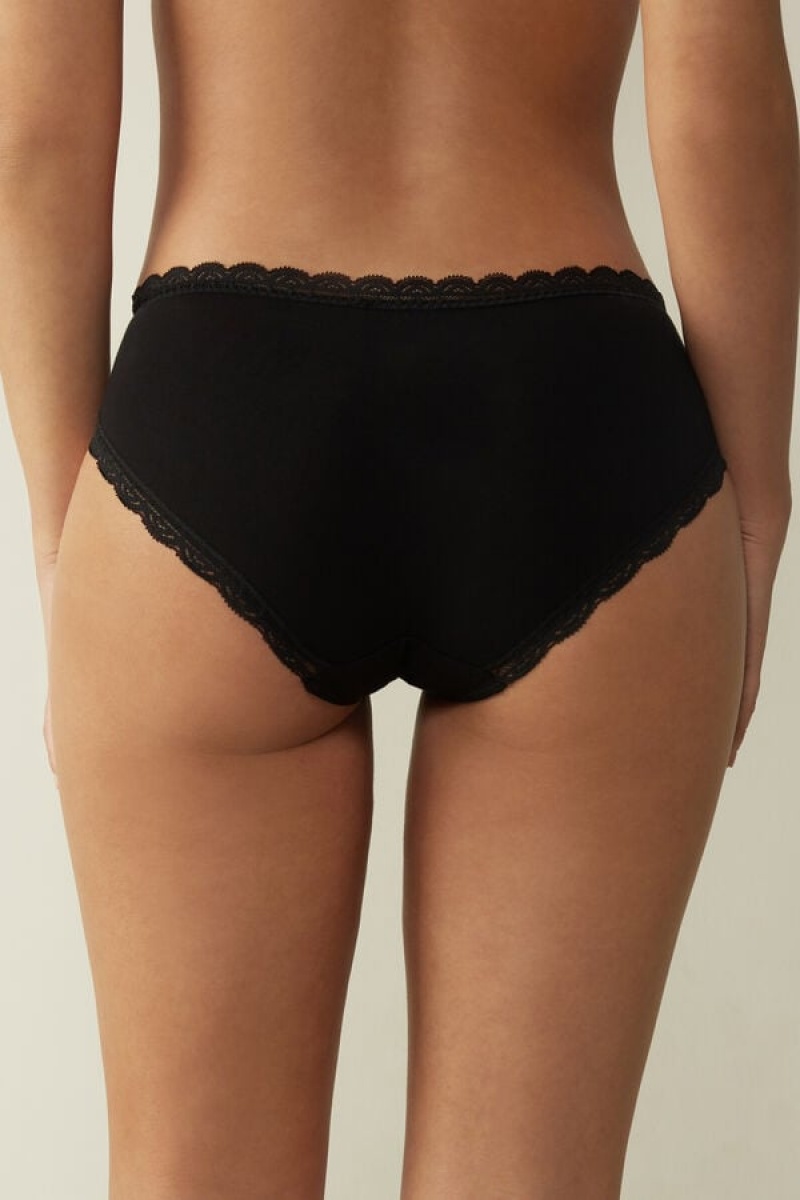 Intimissimi Lace And Cotton High Rise Panties Crne | SN-ITMSM57559