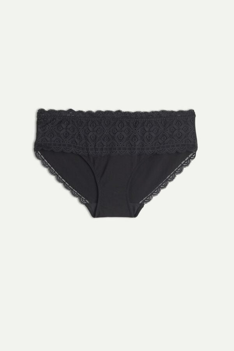 Intimissimi Lace And Cotton High Rise Panties Crne | SN-ITMSM57559