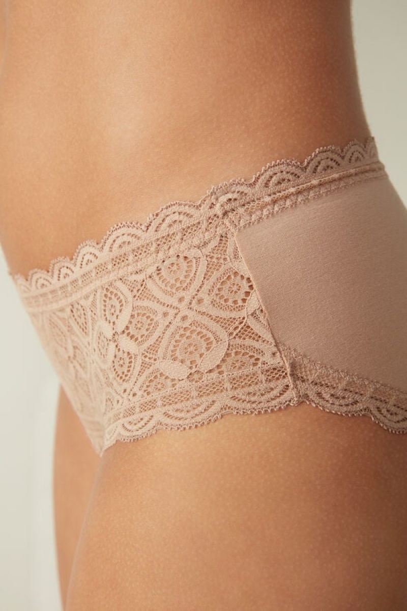 Intimissimi Lace And Cotton High Rise Panties Bež | SN-ITMSM57561