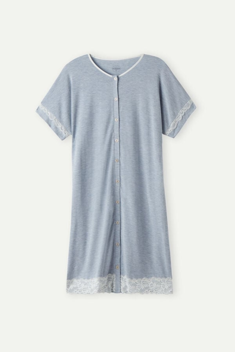 Intimissimi Lace Trim Button Up Nightgown Svijetlo Plave | SN-ITMSM58407