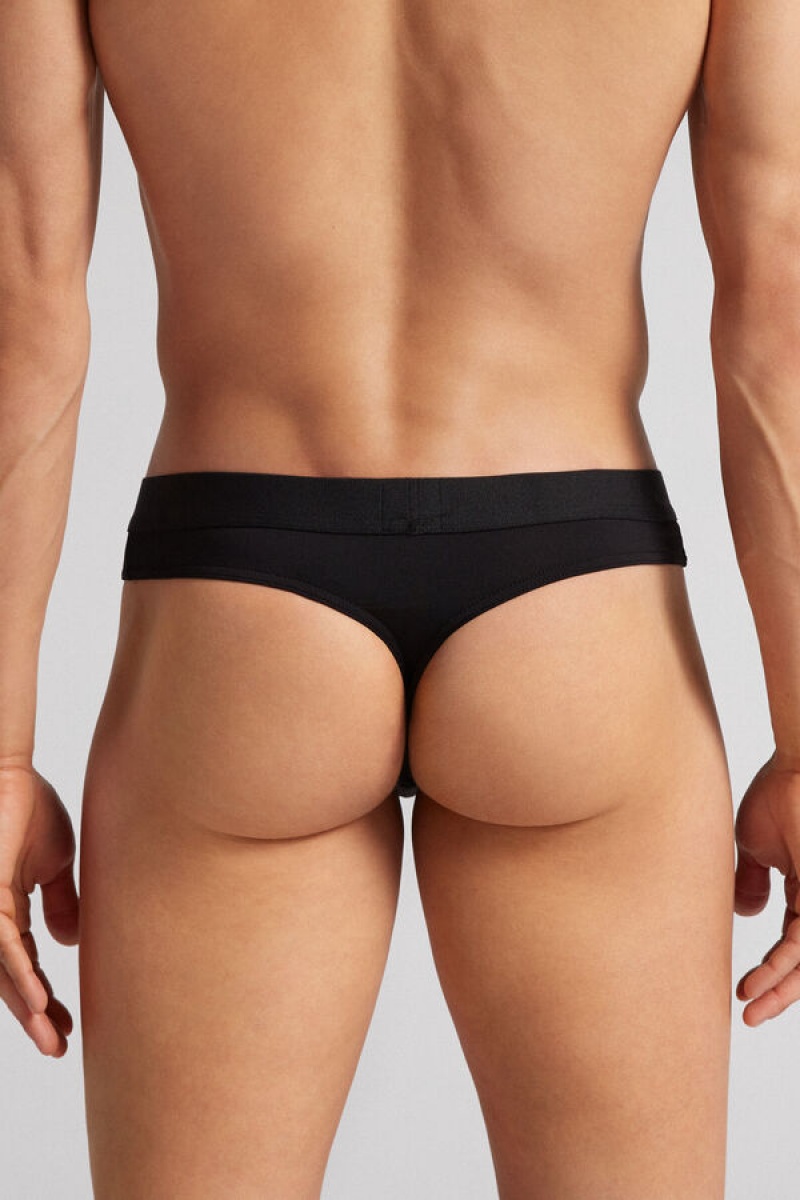 Intimissimi Logo Detailed Microfiber Thong Crne | SN-ITMSM58542