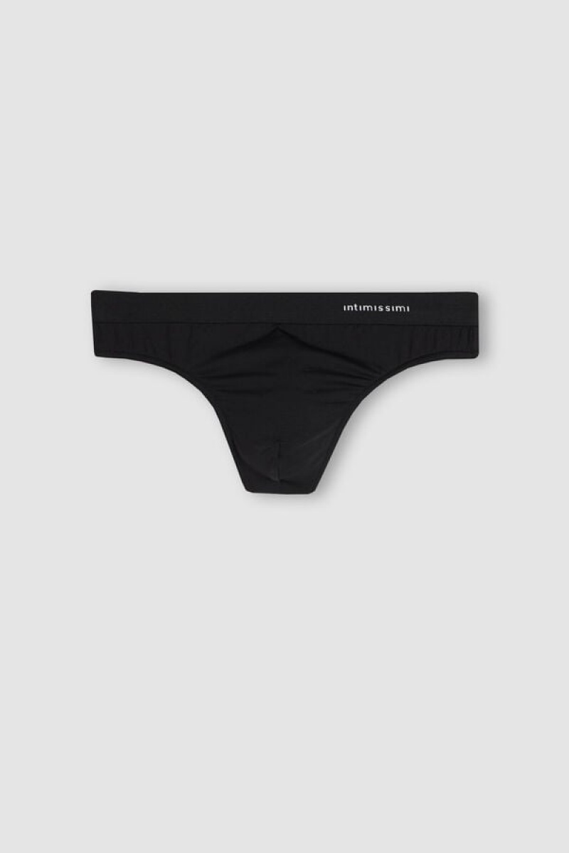 Intimissimi Logo Detailed Microfiber Thong Crne | SN-ITMSM58542