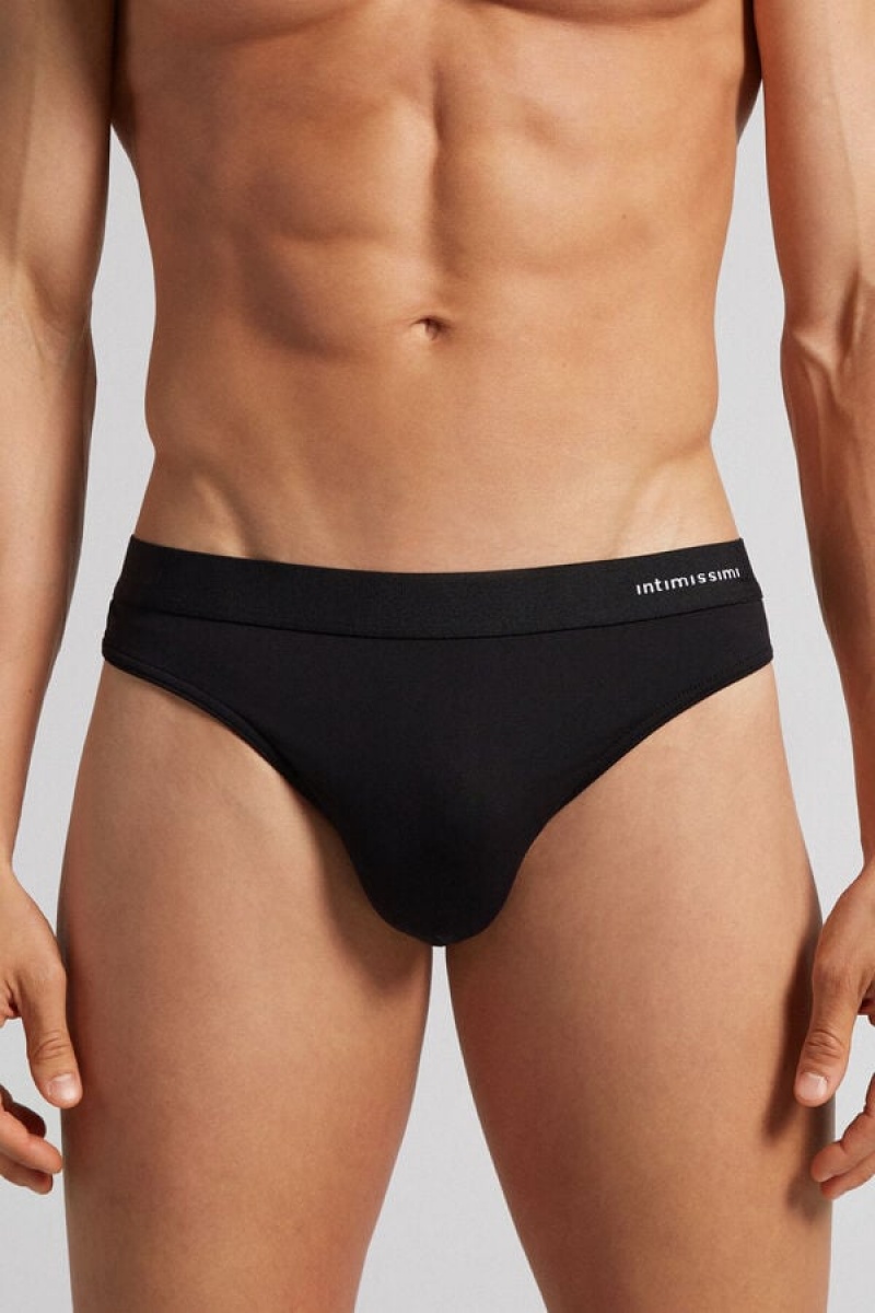 Intimissimi Logo Detailed Microfiber Thong Crne | SN-ITMSM58542