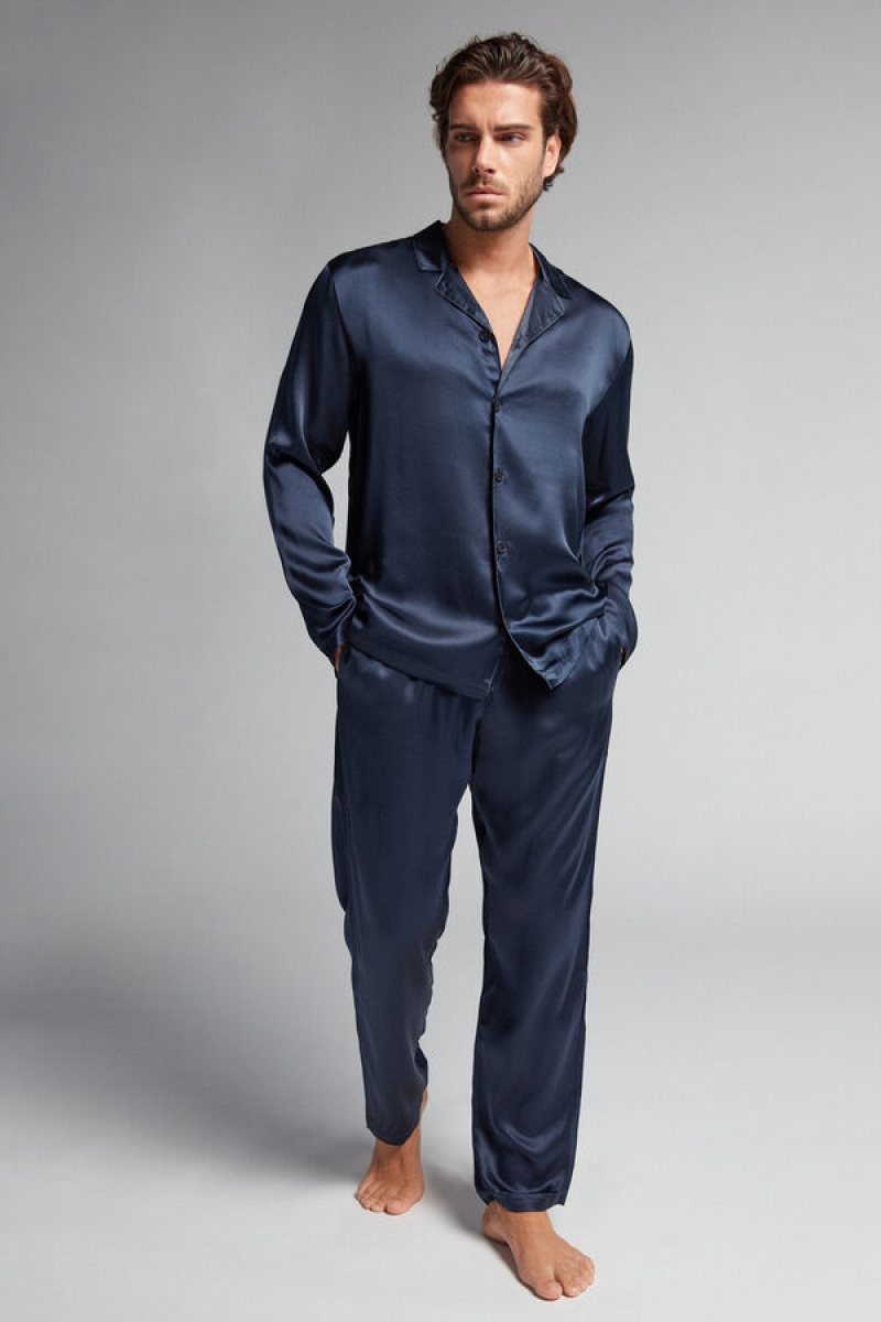 Intimissimi Long Silk Piped Pajamas Plave | SN-ITMSM58704