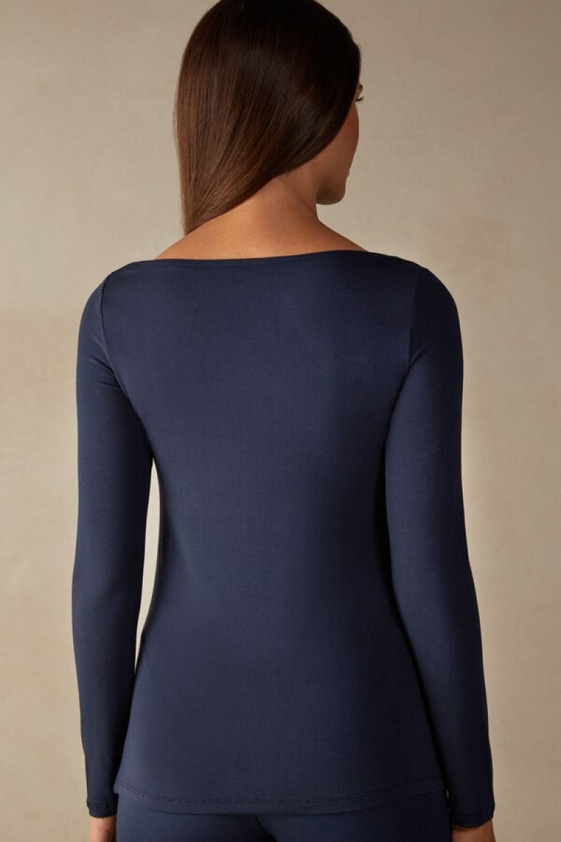 Intimissimi Long Sleeve Bateau Neck Top In Micromodal Plave | SN-ITMSM58085