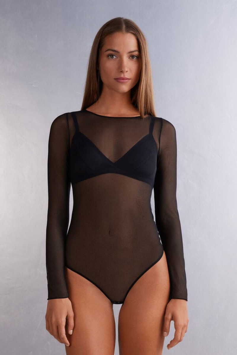 Intimissimi Long Sleeve Bodysuit In Tulle Crne | SN-ITMSM58154