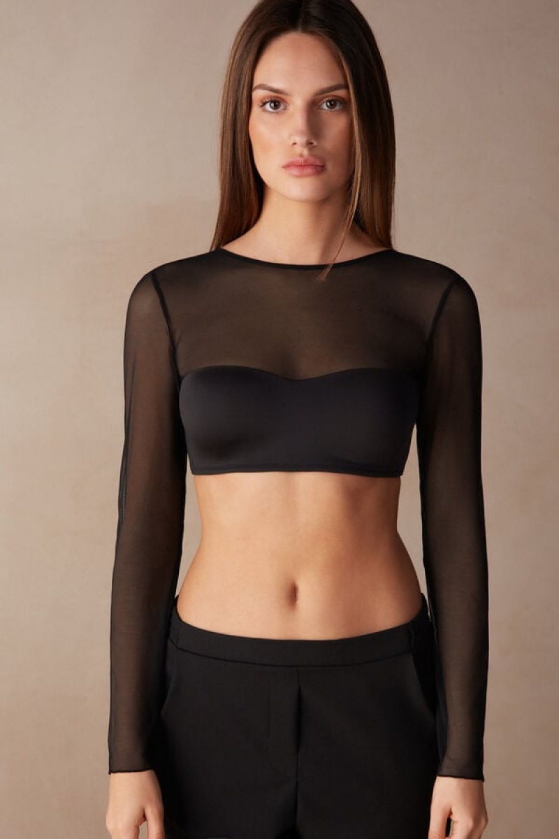 Intimissimi Long Sleeve Bra Top In Ultralight Microfiber And Tulle Crne | SN-ITMSM57025