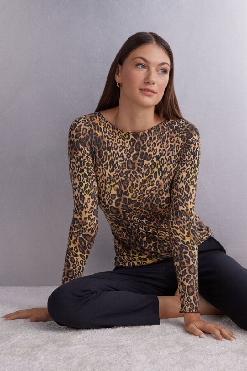 Intimissimi Long Sleeve Printed Boatneck Top In Ultralight With Cashmere Smeđe | SN-ITMSM58104