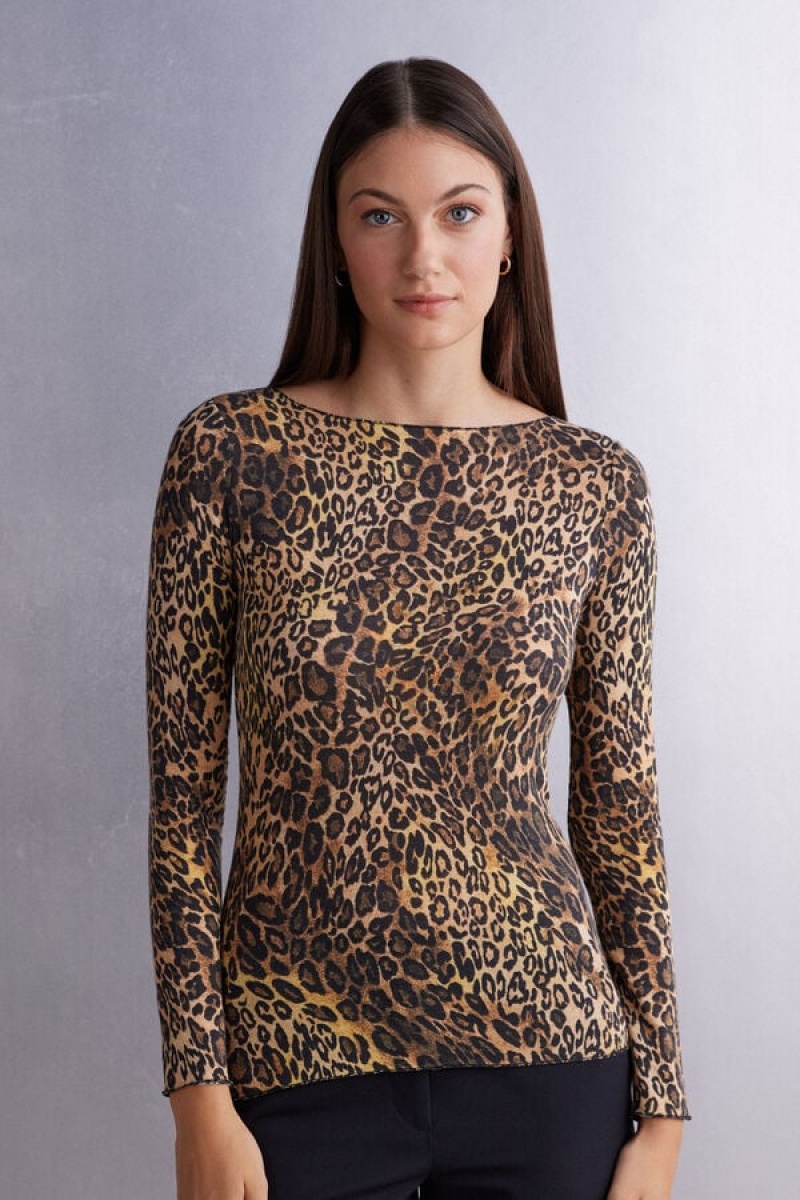 Intimissimi Long Sleeve Printed Boatneck Top In Ultralight With Cashmere Smeđe | SN-ITMSM58104