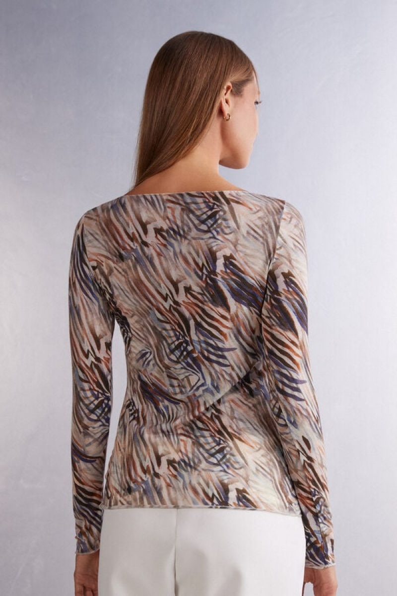 Intimissimi Long Sleeve Printed Boatneck Top In Ultralight With Cashmere Visebojne | SN-ITMSM58105