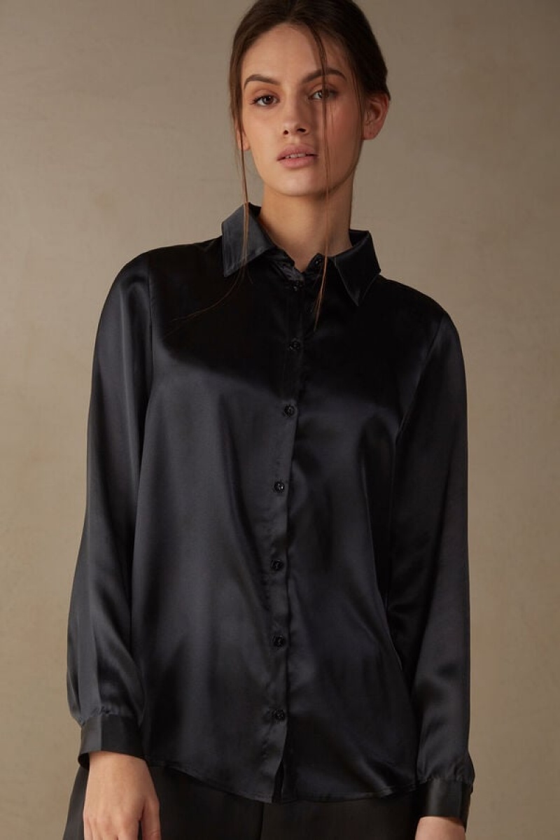 Intimissimi Long Sleeve Silk Shirt Crne | SN-ITMSM58068