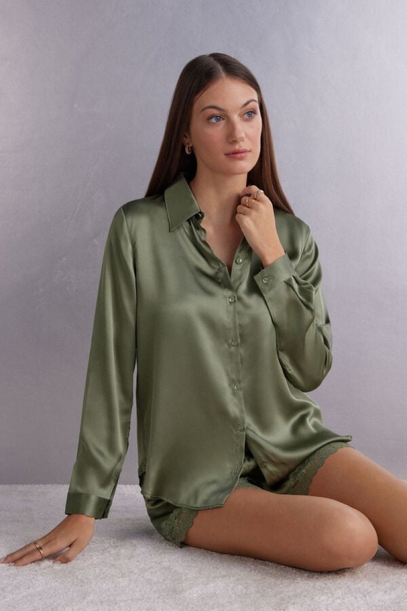 Intimissimi Long Sleeve Silk Shirt Zelene | SN-ITMSM58065