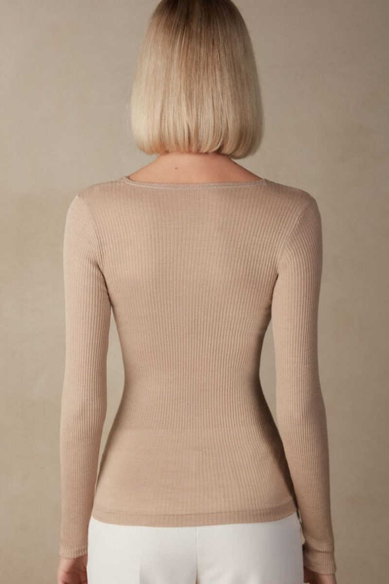 Intimissimi Long Sleeve Wide Neck Sweater In Vuna And Silk Bež | SN-ITMSM58096