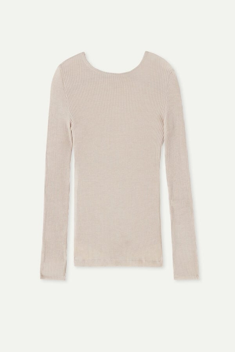 Intimissimi Long Sleeve Wide Neck Sweater In Vuna And Silk Bež | SN-ITMSM58096