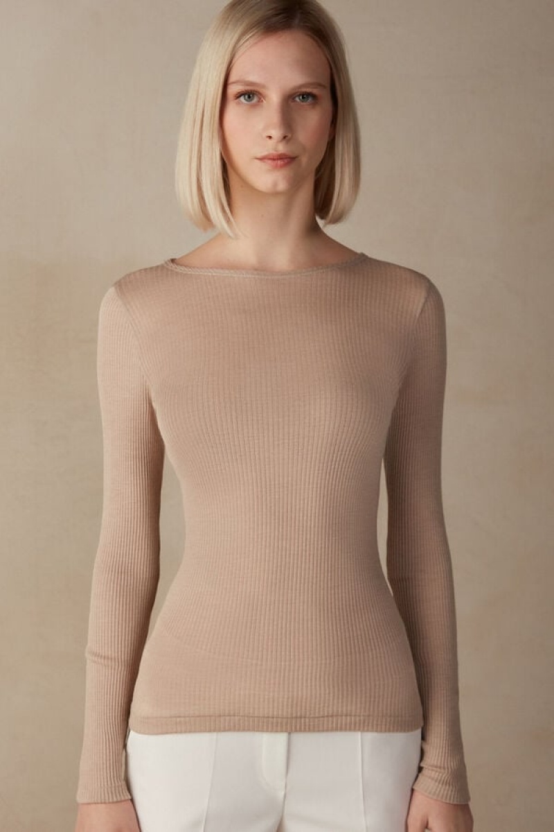 Intimissimi Long Sleeve Wide Neck Sweater In Vuna And Silk Bež | SN-ITMSM58096