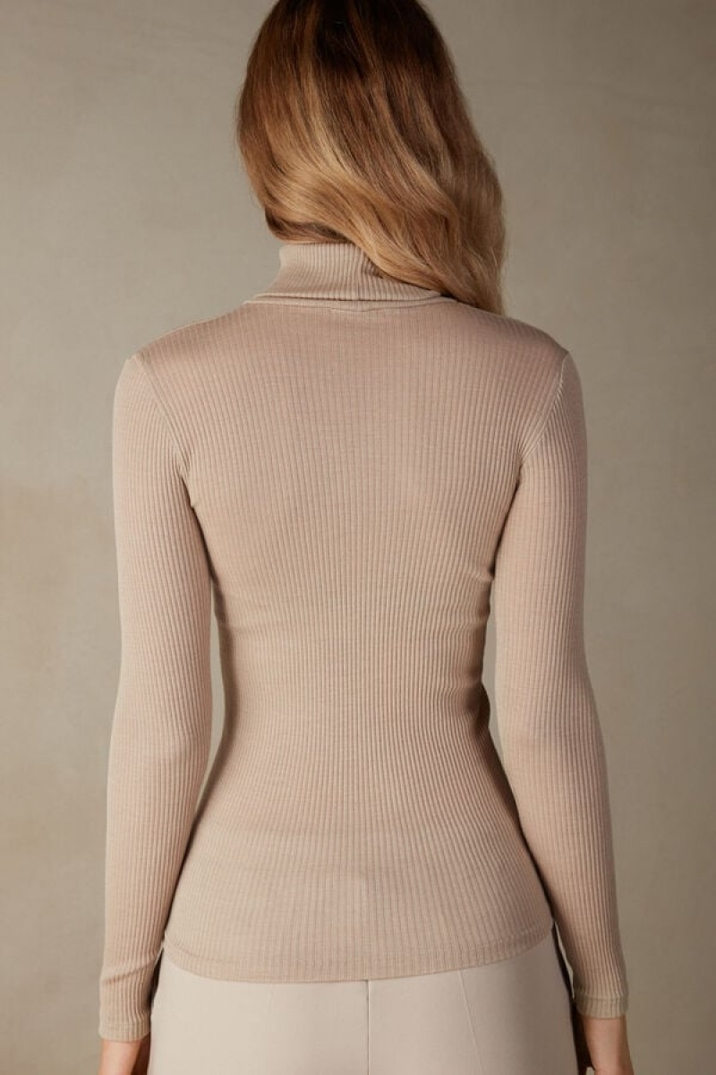 Intimissimi Long-sleeve High-neck Tubular Top In Vuna And Silk Bež | SN-ITMSM58095