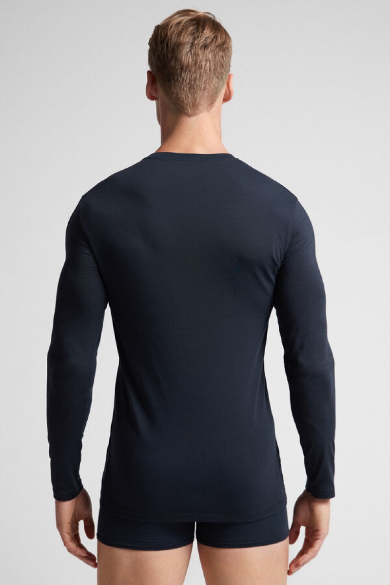 Intimissimi Long-sleeve Stretch Supima Cotton Top Plave | SN-ITMSM58625