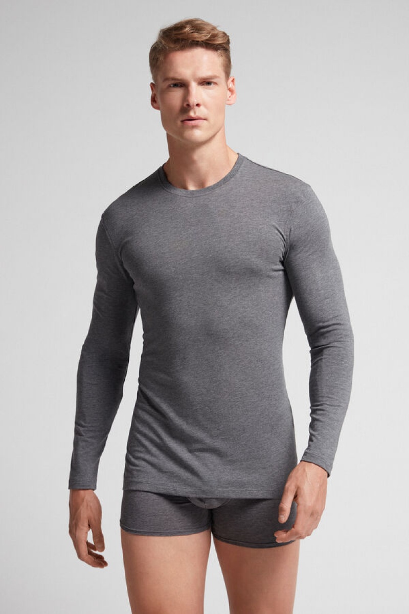 Intimissimi Long-sleeve Stretch Supima Cotton Top Tamno Sive | SN-ITMSM58638