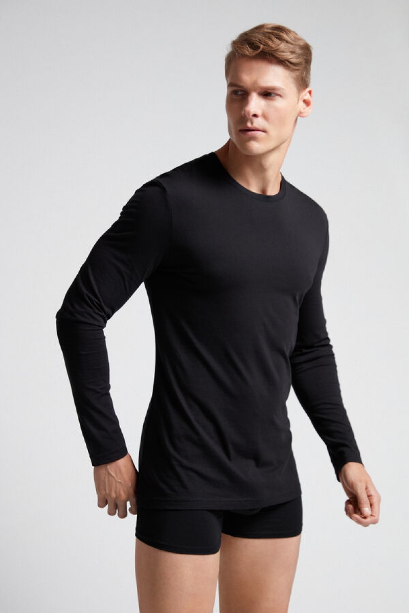 Intimissimi Long-sleeve Supima® Cotton Top Crne | SN-ITMSM58622