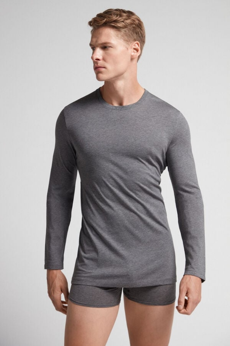 Intimissimi Long-sleeve Supima® Cotton Top Tamno Sive | SN-ITMSM58639