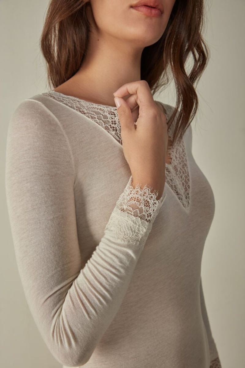 Intimissimi Modal Cashmere Ultralight Long Lace Shirt Bijele | SN-ITMSM58080