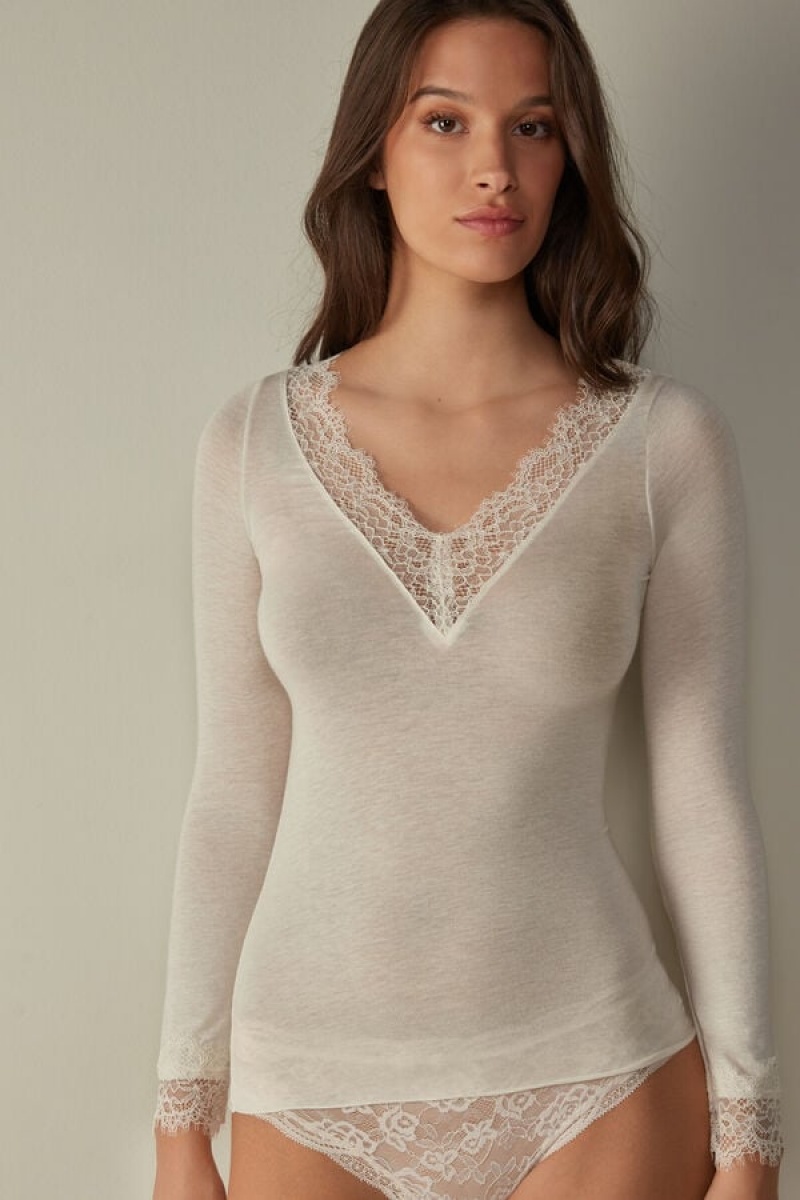 Intimissimi Modal Cashmere Ultralight Long Lace Shirt Bijele | SN-ITMSM58080