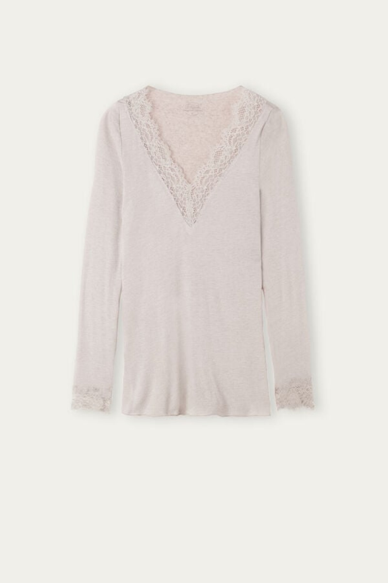 Intimissimi Modal Cashmere Ultralight Long Lace Shirt Bež | SN-ITMSM58090