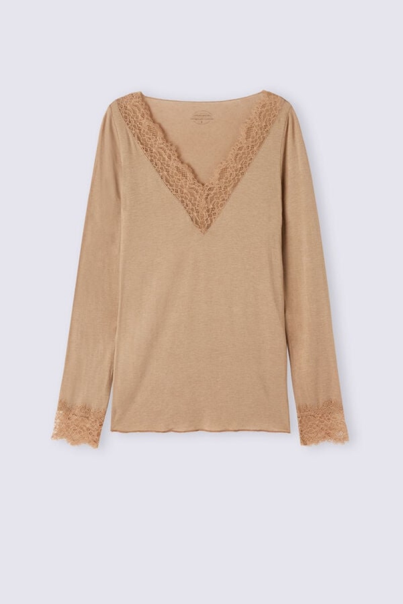 Intimissimi Modal Cashmere Ultralight Long Lace Shirt Smeđe | SN-ITMSM58108