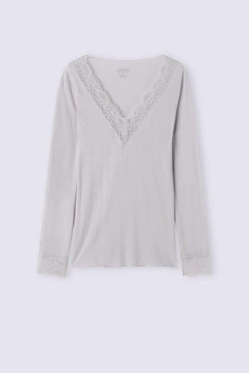 Intimissimi Modal Cashmere Ultralight Long Lace Shirt Sive | SN-ITMSM58109