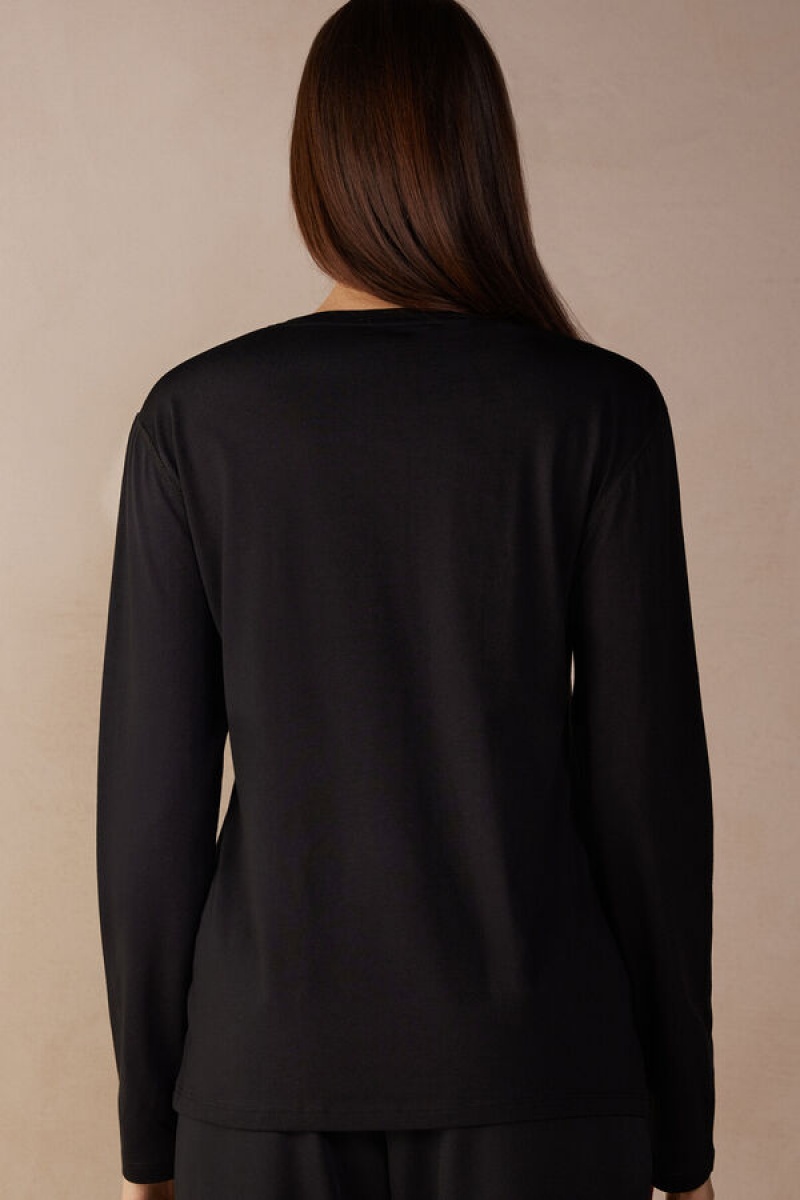 Intimissimi Oversized Long Sleeve Top In Supima® Cotton Crne | SN-ITMSM58098