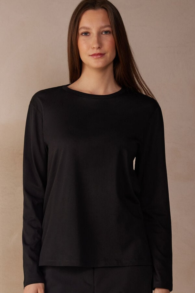 Intimissimi Oversized Long Sleeve Top In Supima® Cotton Crne | SN-ITMSM58098