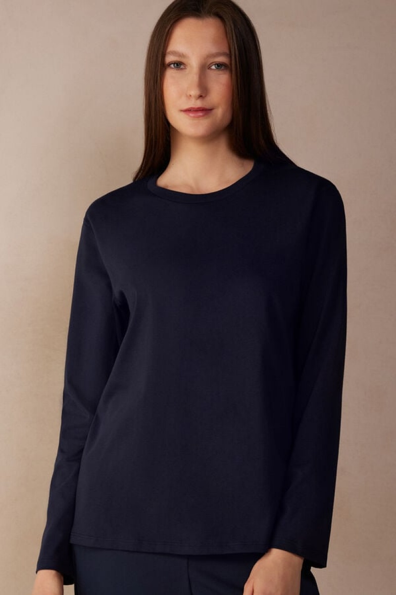 Intimissimi Oversized Long Sleeve Top In Supima® Cotton Plave | SN-ITMSM58099