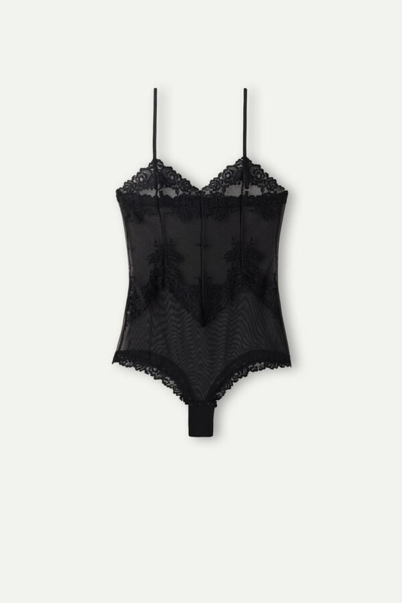 Intimissimi Pretty Flowers Tulle And Lace Bodysuit Crne | SN-ITMSM57868