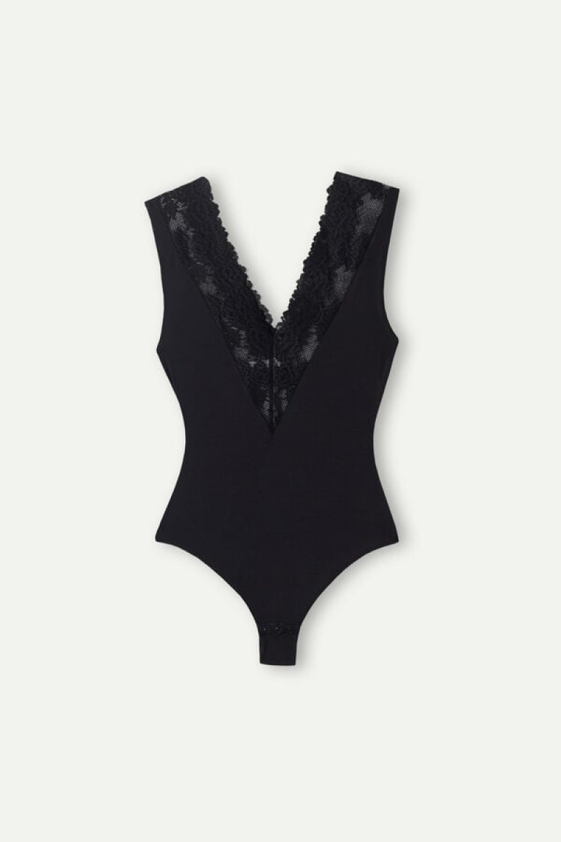 Intimissimi Pretty Flowers V-neck Bodysuit Crne | SN-ITMSM58161