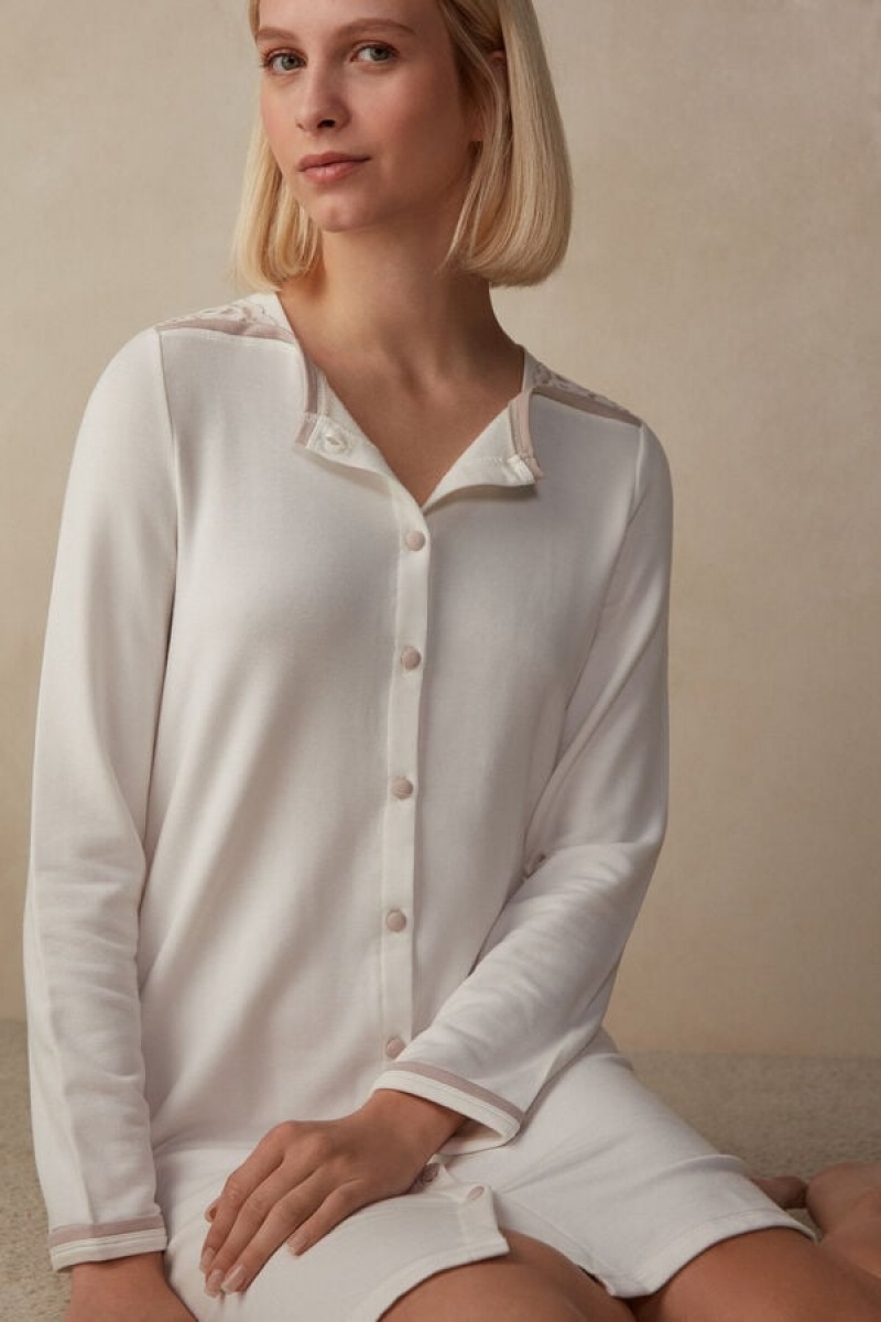 Intimissimi Romantic Bedroom Button Up Night Shirt In Modal With Vuna Bijele | SN-ITMSM58403