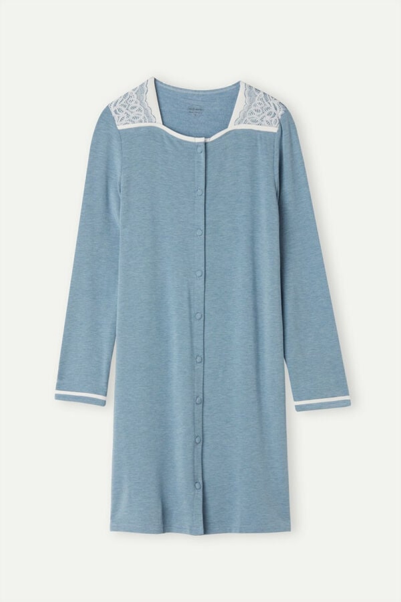 Intimissimi Romantic Bedroom Button Up Night Shirt In Modal With Vuna Svijetlo Plave | SN-ITMSM58404