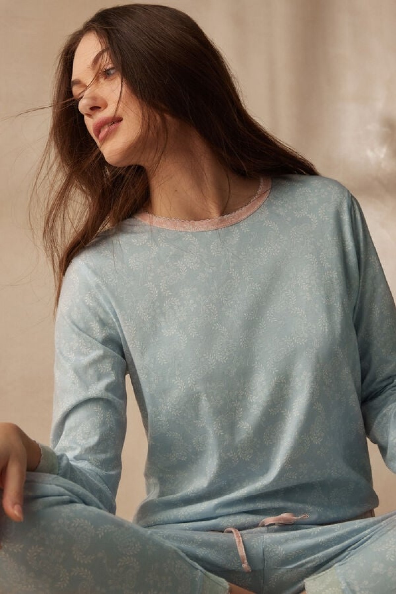 Intimissimi Romantic Cashmere Long Sleeve Cotton Top Svijetlo Plave | SN-ITMSM58252