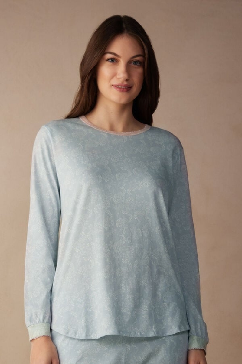 Intimissimi Romantic Cashmere Long Sleeve Cotton Top Svijetlo Plave | SN-ITMSM58252