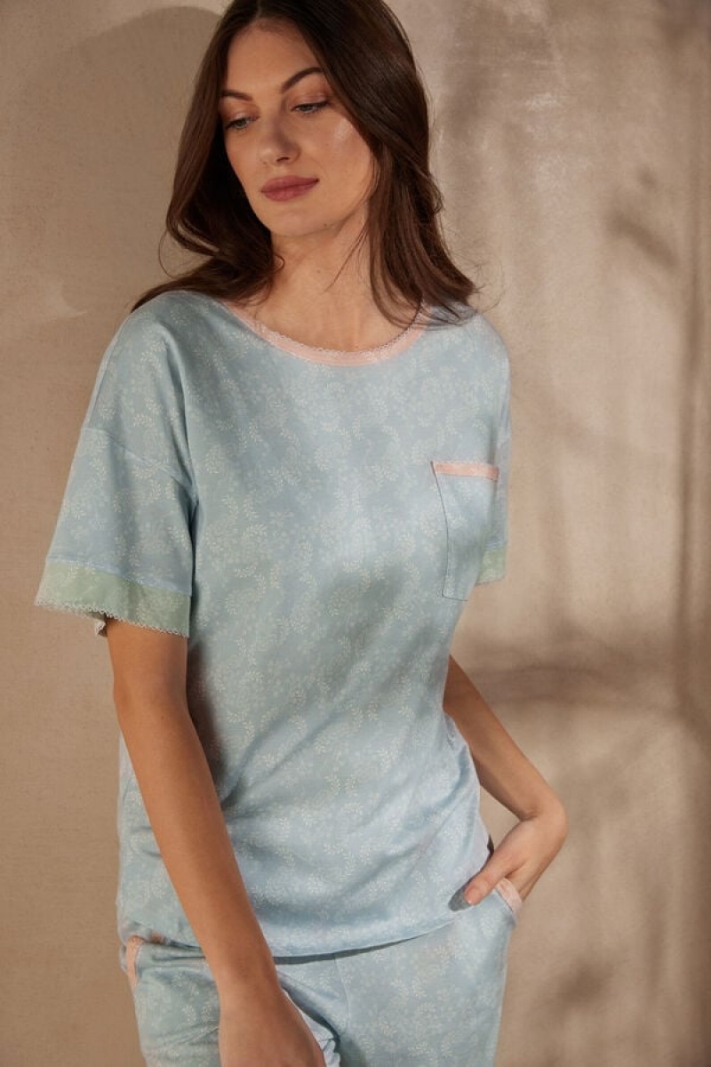 Intimissimi Romantic Cashmere Short Sleeve Cotton Top Svijetlo Plave | SN-ITMSM58342