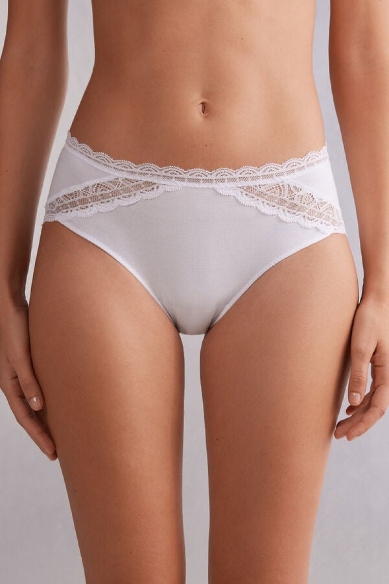 Intimissimi Semi-high Rise Cotton And Lace Panties Bijele | SN-ITMSM57631