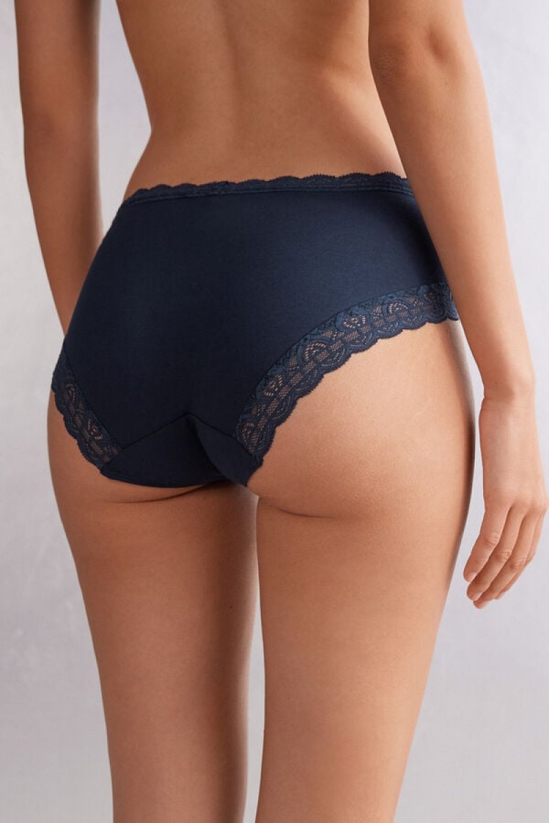 Intimissimi Semi-high Rise Cotton And Lace Panties Plave | SN-ITMSM57634